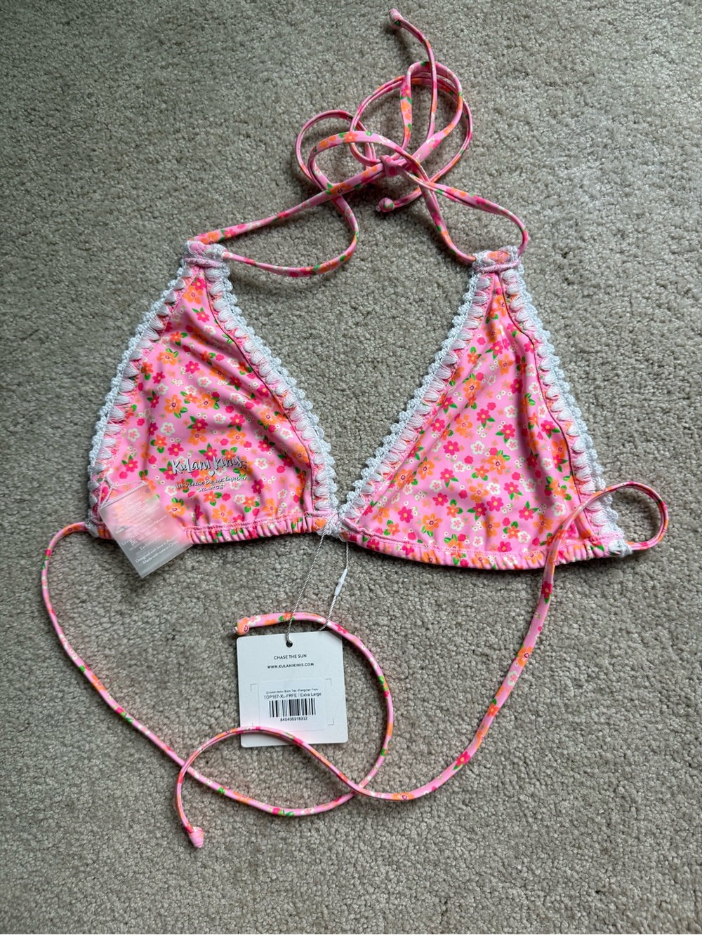Kulani Kinis x Pura Vida Pink Floral Triangle Bikini Top - Picture 2 of 5